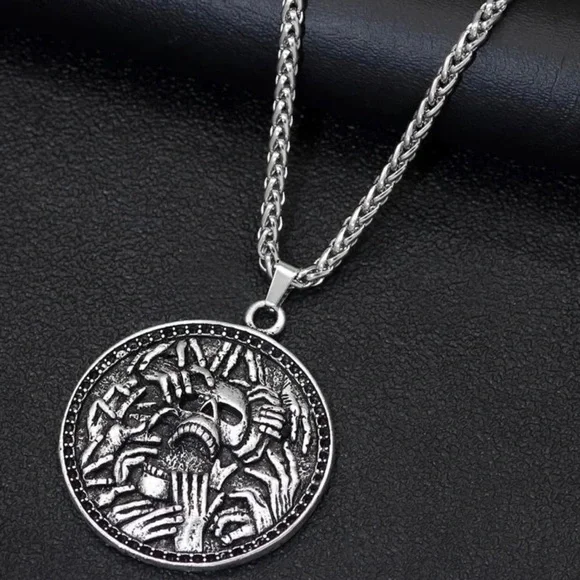 “Undead” Skull Skeleton Zombie Hands Creepy Spooky Medallion Goth Punk Necklace - Picture 2 of 5